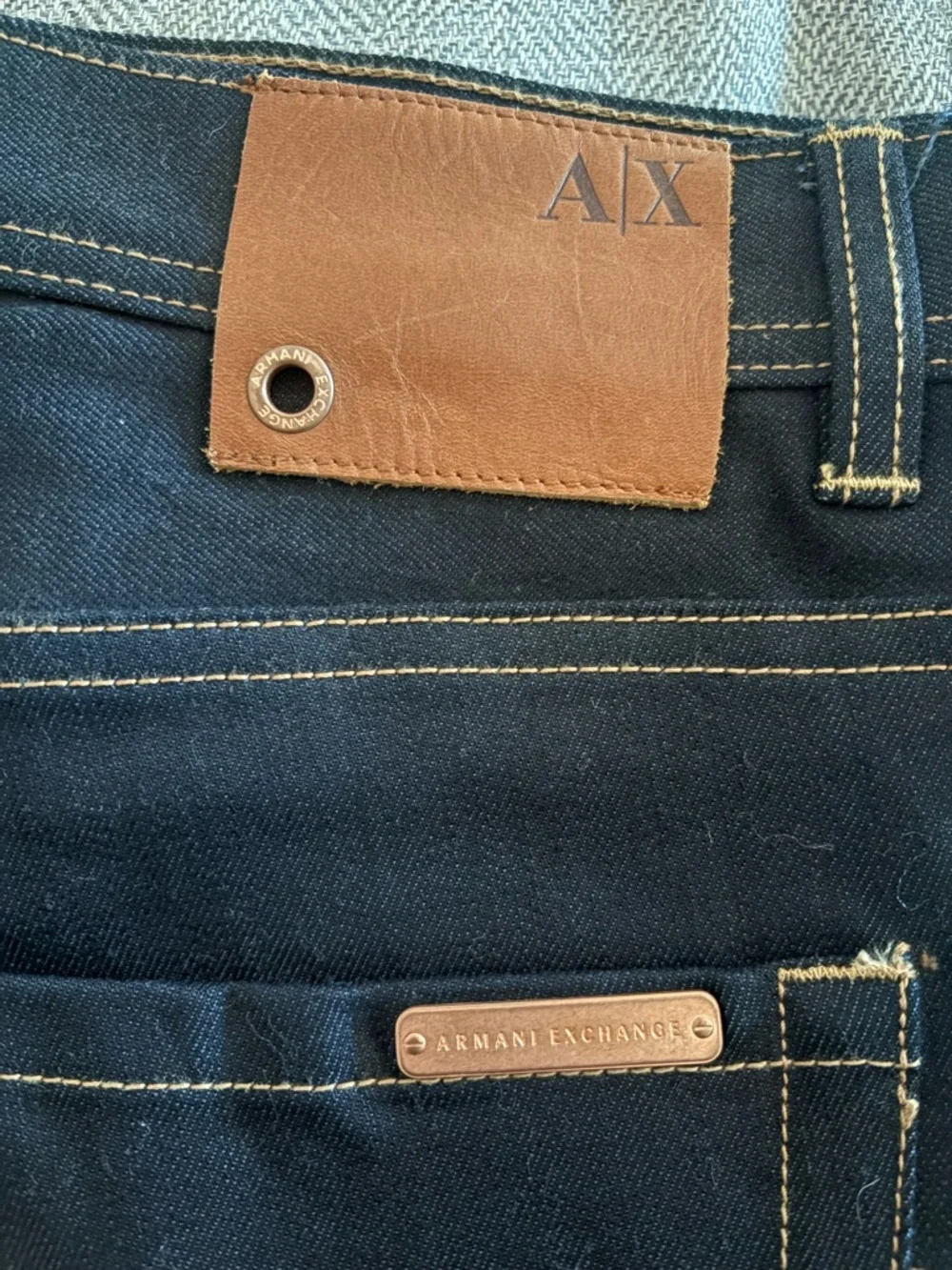 Armani Exchange Dark Blue Jeans with Brown Leather Patch - Picture 2 of 6